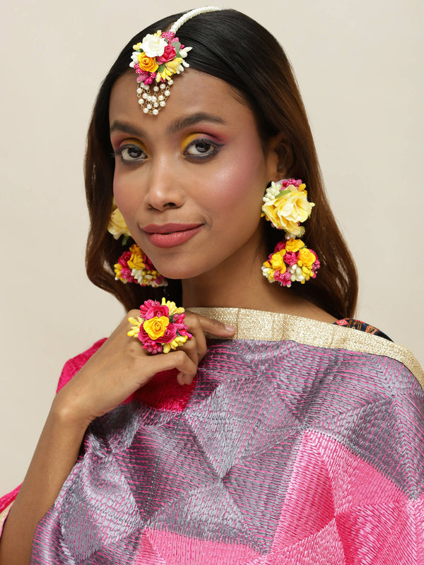 Yellow Pink Beaded Flower Jewellery Set - Ruby Raang - Distacart