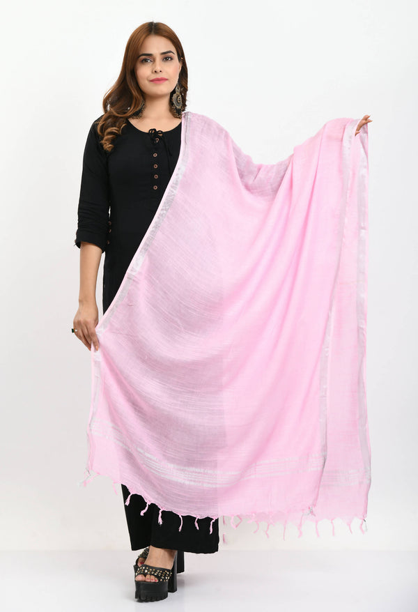 Mominos Fashion Moeza Women's Linen Cotton Silver Border Baby Pink Dupatta - Distacart