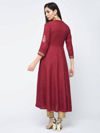Thumbnail for Aniyah Rayon Block Printed Anarkali Kurta In Maroon (AN-116A)