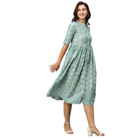 Thumbnail for Green & Off-White Ethnic Motifs Printed Cotton A-Line Dress - Poonam - Distacart
