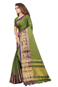 Thumbnail for Vamika Banarasi Cotton Silk Weaving Green Saree (DOCTOR MOR GREEN)