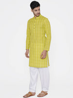Thumbnail for Manyavar Men Lime Green & White Checked Straight Kurta - Distacart