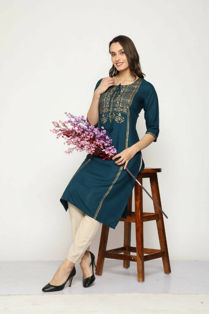 Maai Rayon Hand Printed Kurta Navy - Distacart