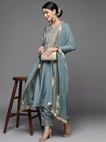 Thumbnail for Varanga Women Grey Ethnic Motifs Gotta Patti Kurta with Trousers & With Dupatta - Distacart