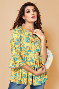 Thumbnail for Malishka Womens Yellow Crepe Digital Print Floral Top - Yellow - Distacart