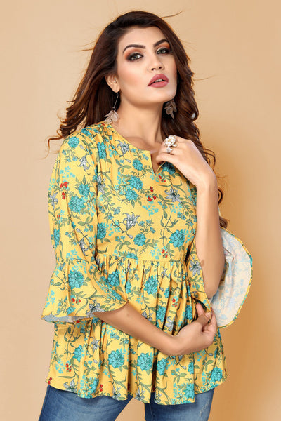 Malishka Womens Yellow Crepe Digital Print Floral Top - Yellow - Distacart