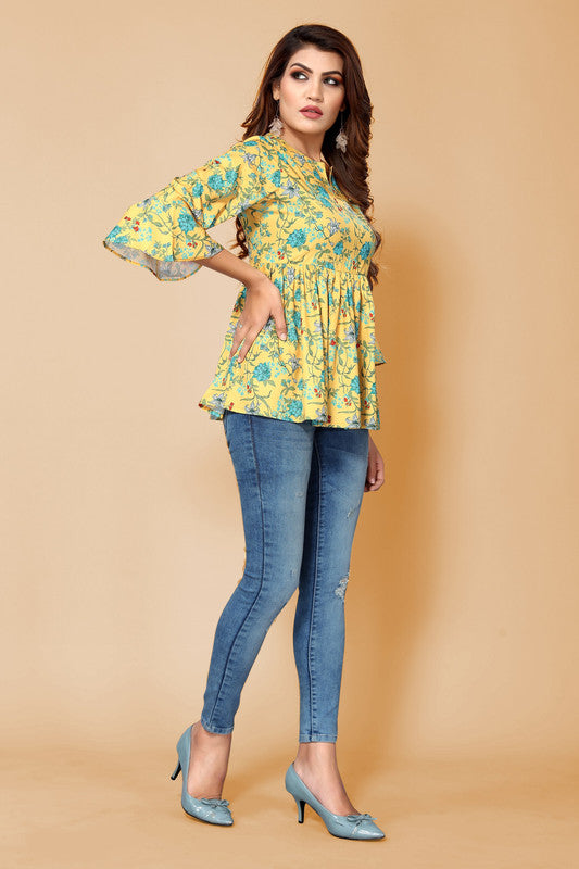 Malishka Womens Yellow Crepe Digital Print Floral Top - Yellow - Distacart