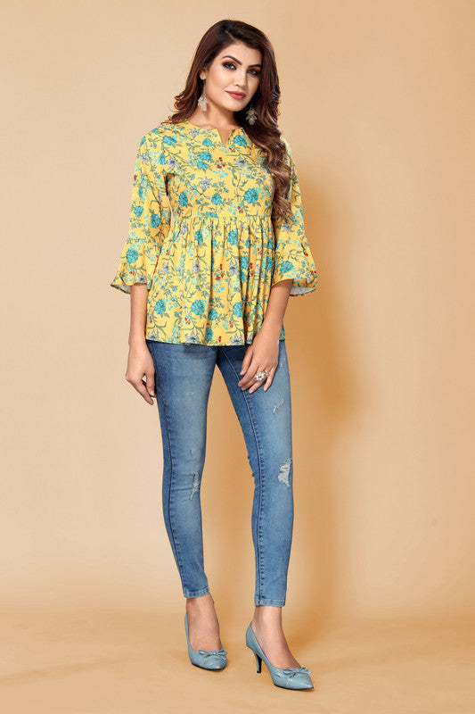 Malishka Womens Yellow Crepe Digital Print Floral Top - Yellow - Distacart