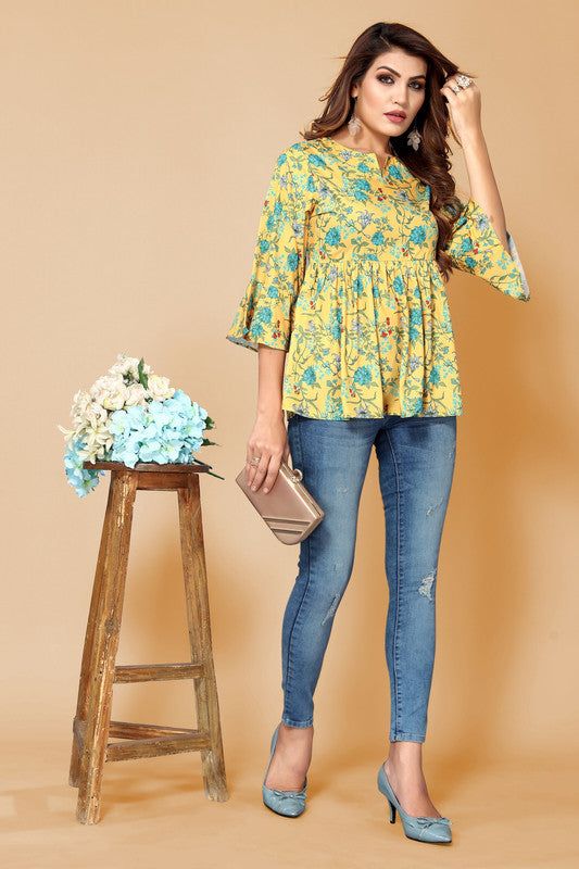 Malishka Womens Yellow Crepe Digital Print Floral Top - Yellow - Distacart