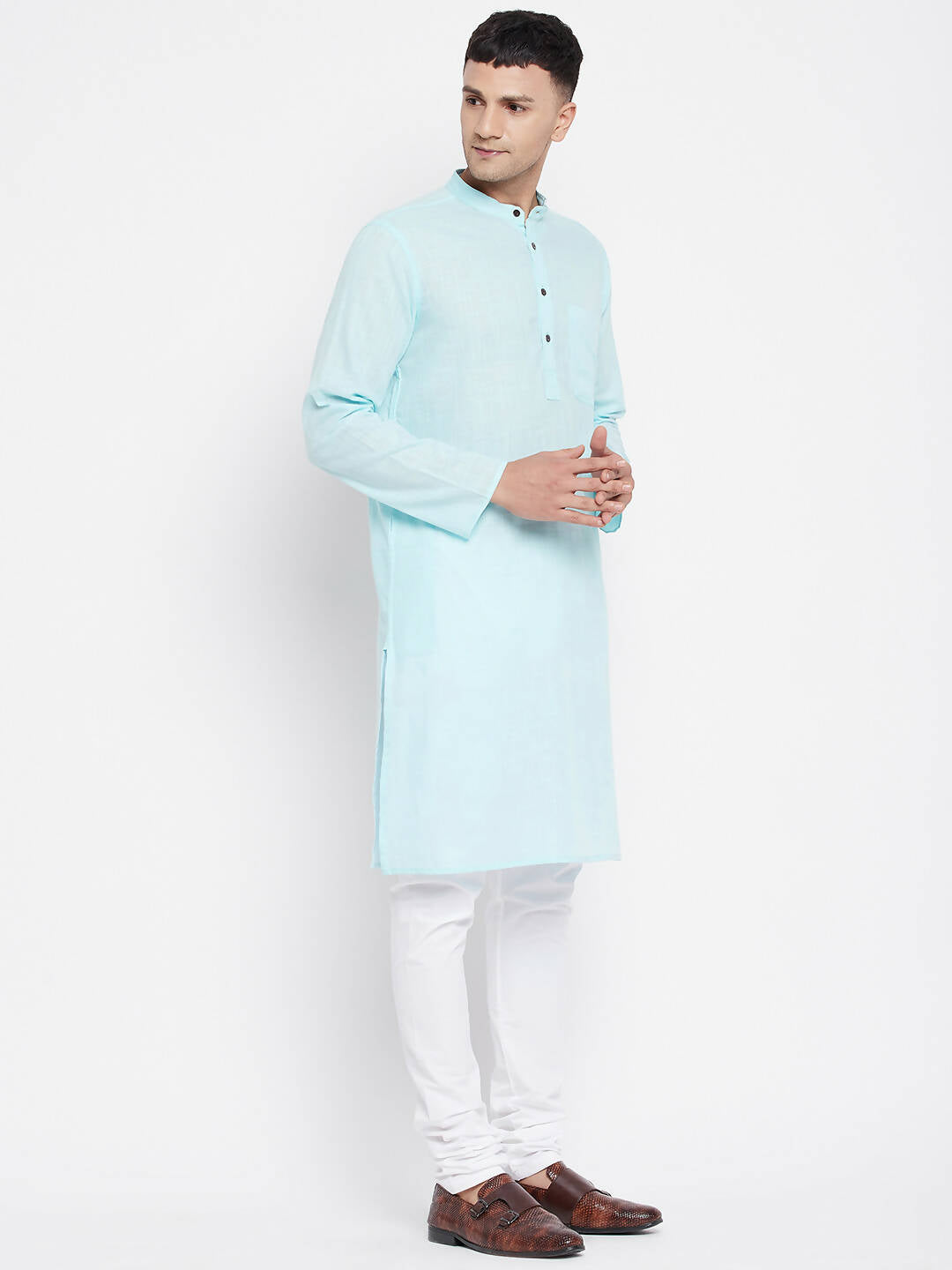 Even Apparels Pure Cotton Blue Color Men's Kurta With Band Collar - Distacart