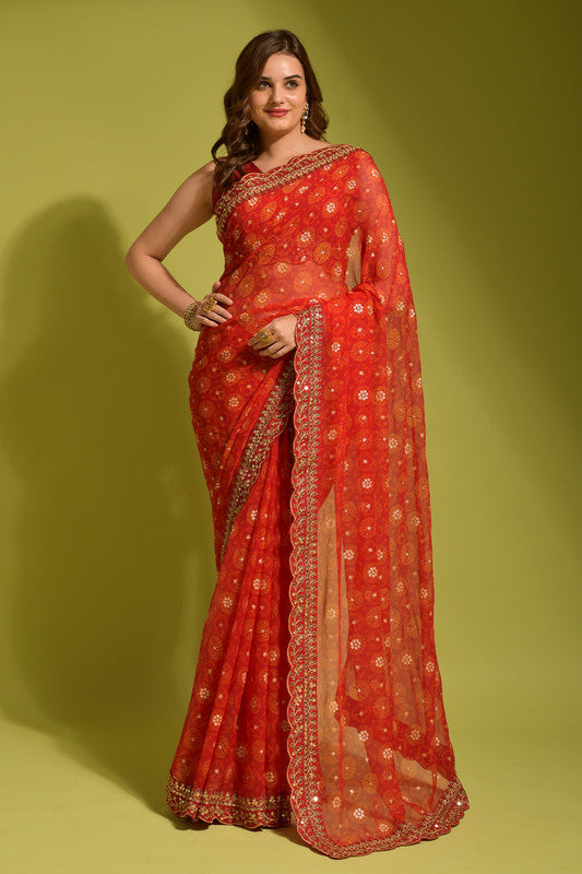 Malishka Women's Red Georgette Chiffon Floral Print Saree With Blouse Piece - Distacart