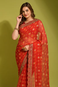 Thumbnail for Malishka Women's Red Georgette Chiffon Floral Print Saree With Blouse Piece - Distacart