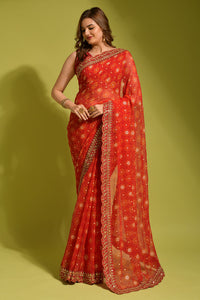 Thumbnail for Malishka Women's Red Georgette Chiffon Floral Print Saree With Blouse Piece - Distacart
