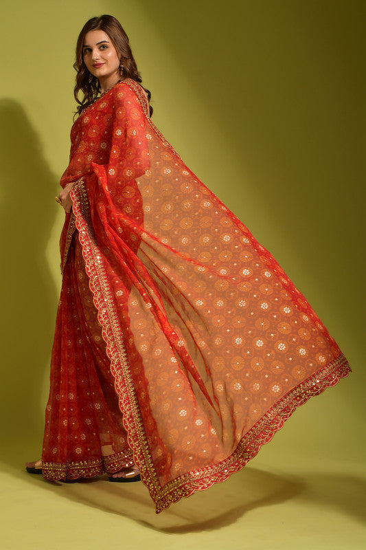 Malishka Women's Red Georgette Chiffon Floral Print Saree With Blouse Piece - Distacart