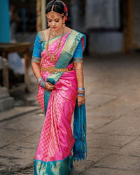Thumbnail for Vamika Weaving Banarasi Jacquard pink Kanjivaram Saree - Distacart