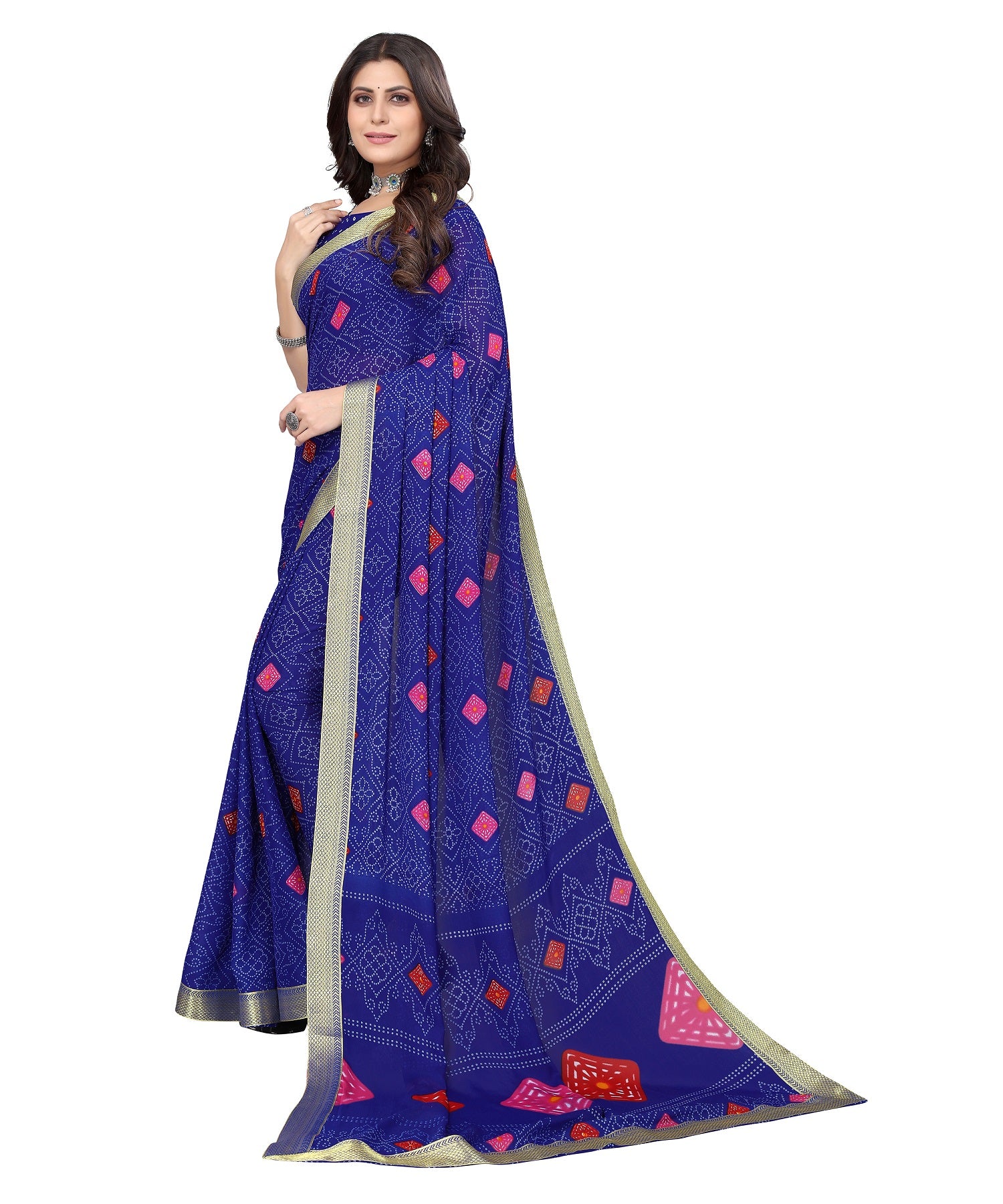 Vamika Blue Georgette Printed With Lace Saree - Distacart