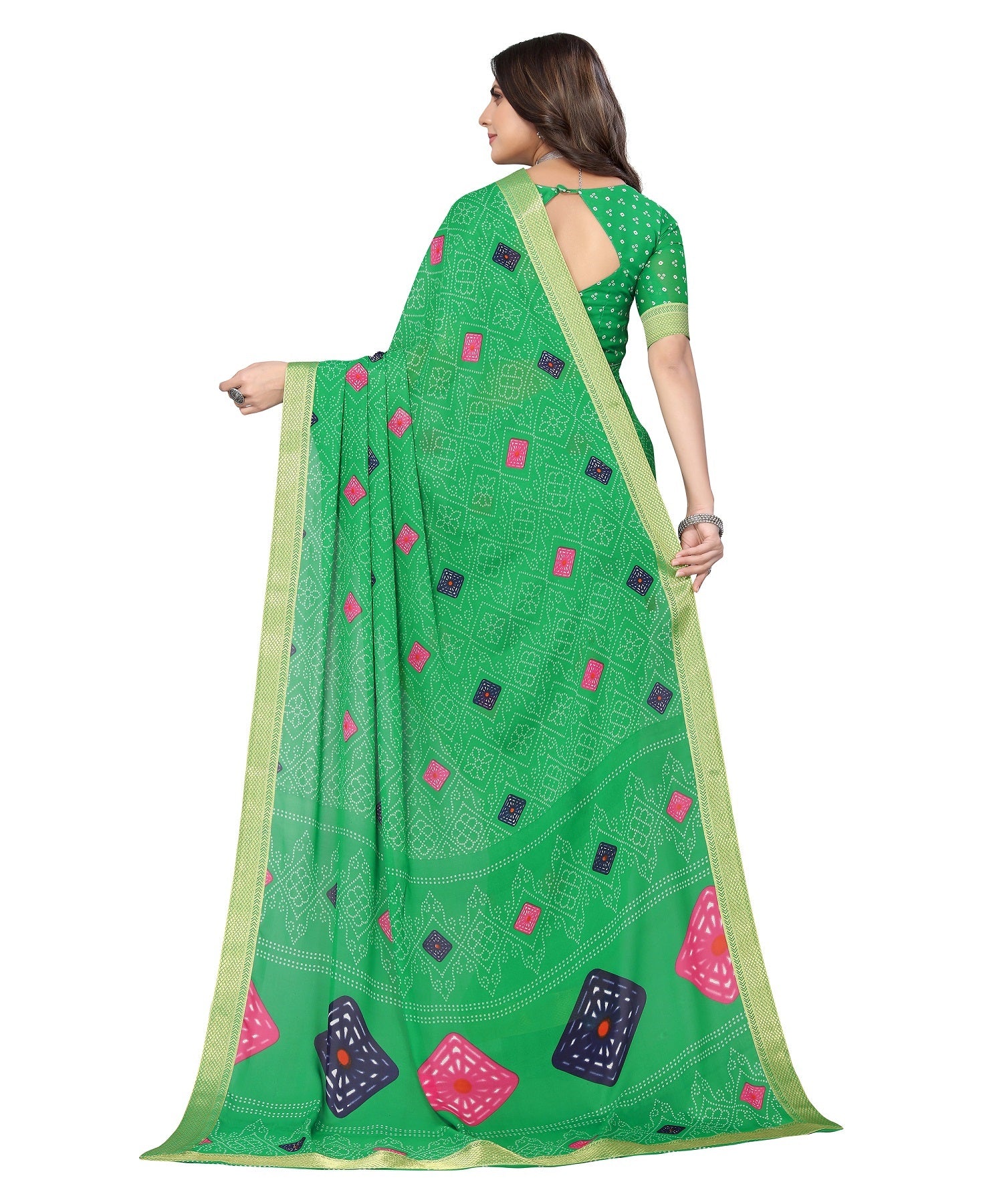 Vamika Green Georgette Printed With Lace Saree - Distacart