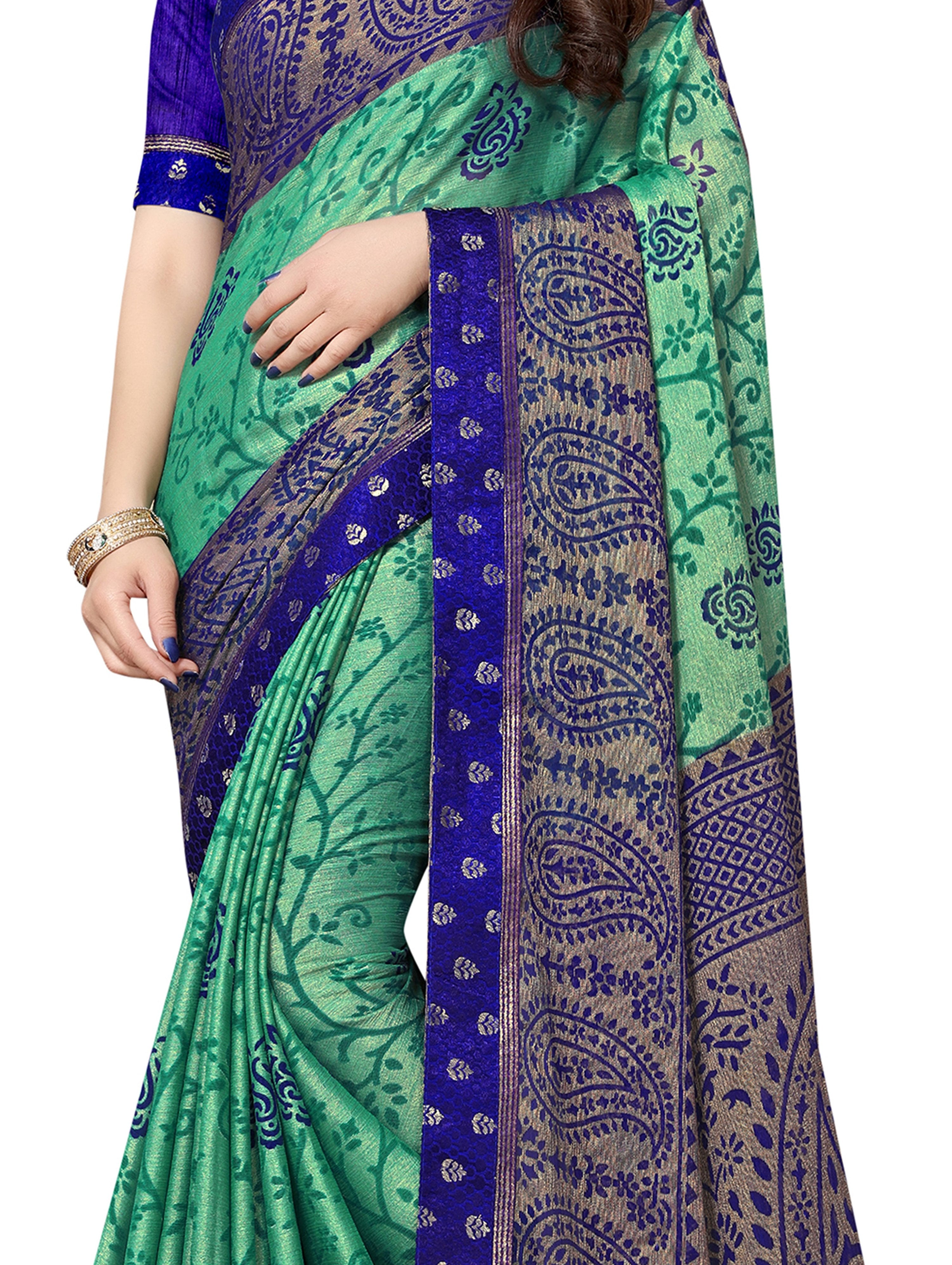 Vamika Rama&Blue Designer Brasso Sarees With Exclusive Soft Banarsi Brocket Lace - Distacart