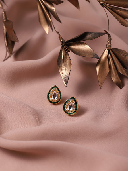 Green Gold Plated Teardrop Shaped Studs Earrings - Ruby Raang - Distacart
