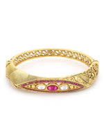 Thumbnail for Women's Gold-Toned Pink Brass Kundan Handcrafted Gold-Plated Kada Bracelet - Ruby Raang - Distacart