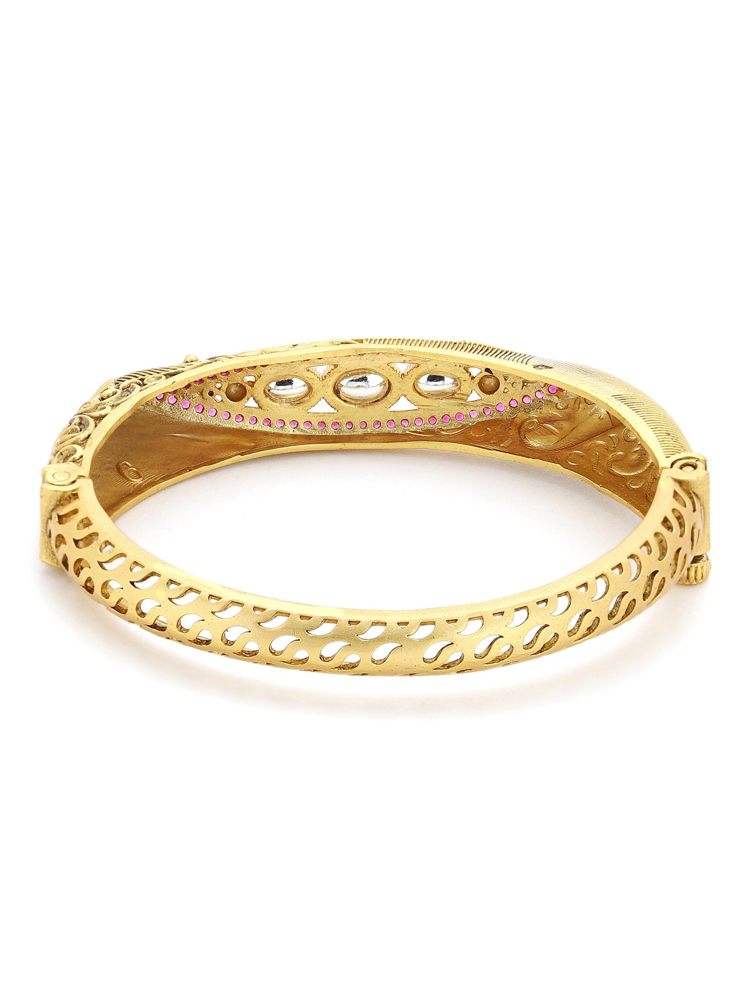 Women's Gold-Toned Pink Brass Kundan Handcrafted Gold-Plated Kada Bracelet - Ruby Raang - Distacart