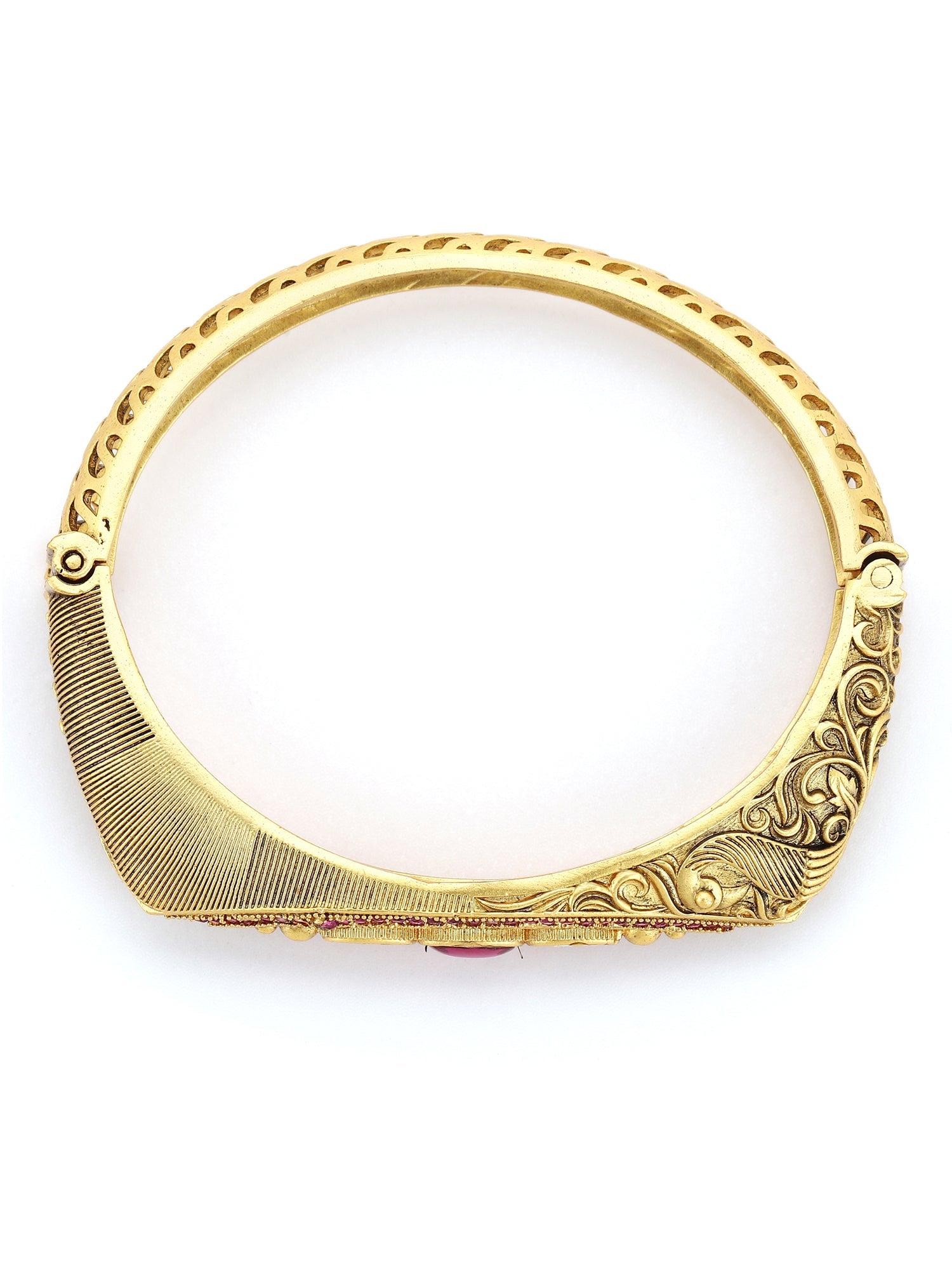 Women's Gold-Toned Pink Brass Kundan Handcrafted Gold-Plated Kada Bracelet - Ruby Raang - Distacart