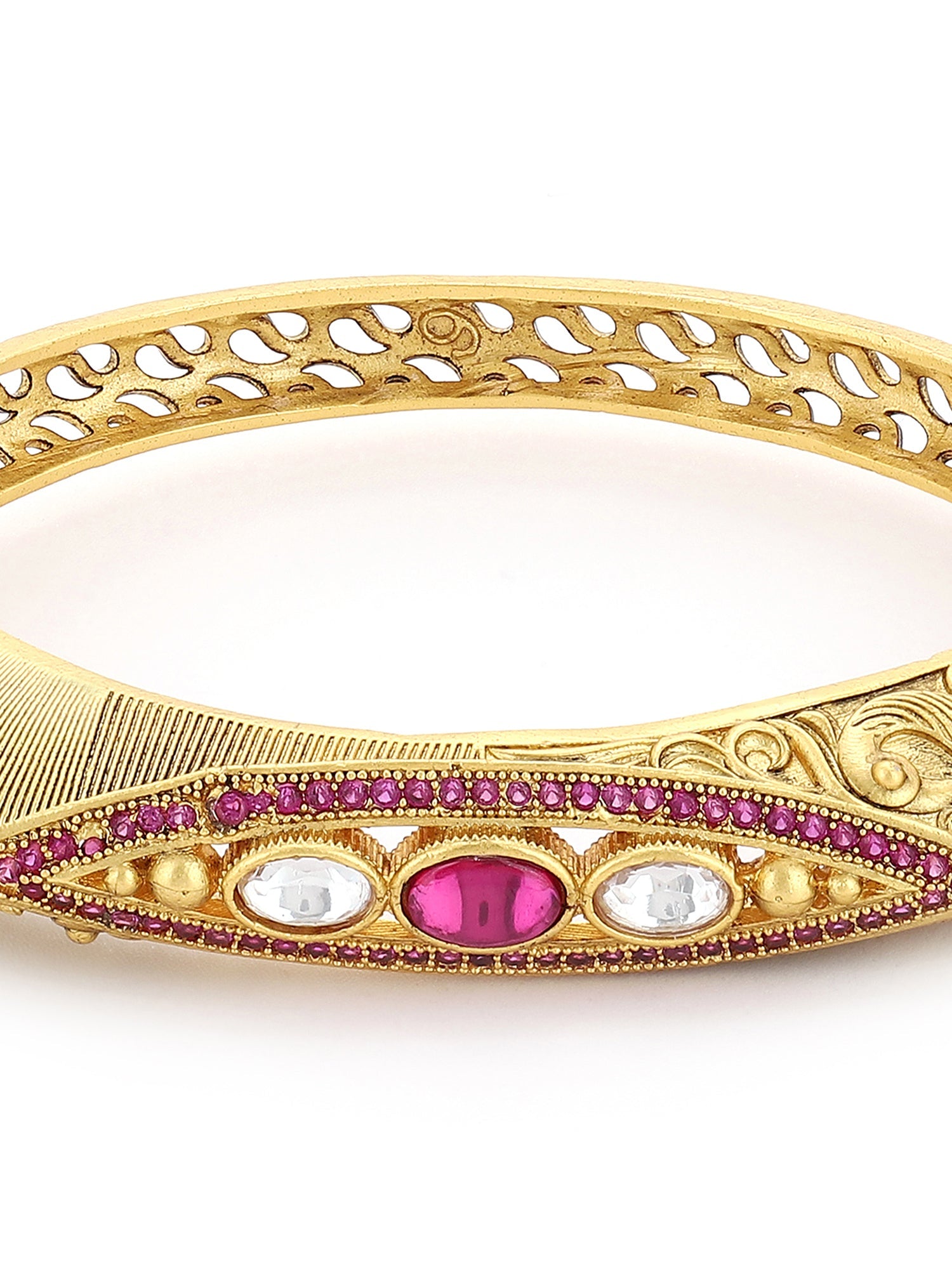 Women's Gold-Toned Pink Brass Kundan Handcrafted Gold-Plated Kada Bracelet - Ruby Raang - Distacart