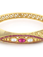 Thumbnail for Women's Gold-Toned Pink Brass Kundan Handcrafted Gold-Plated Kada Bracelet - Ruby Raang - Distacart