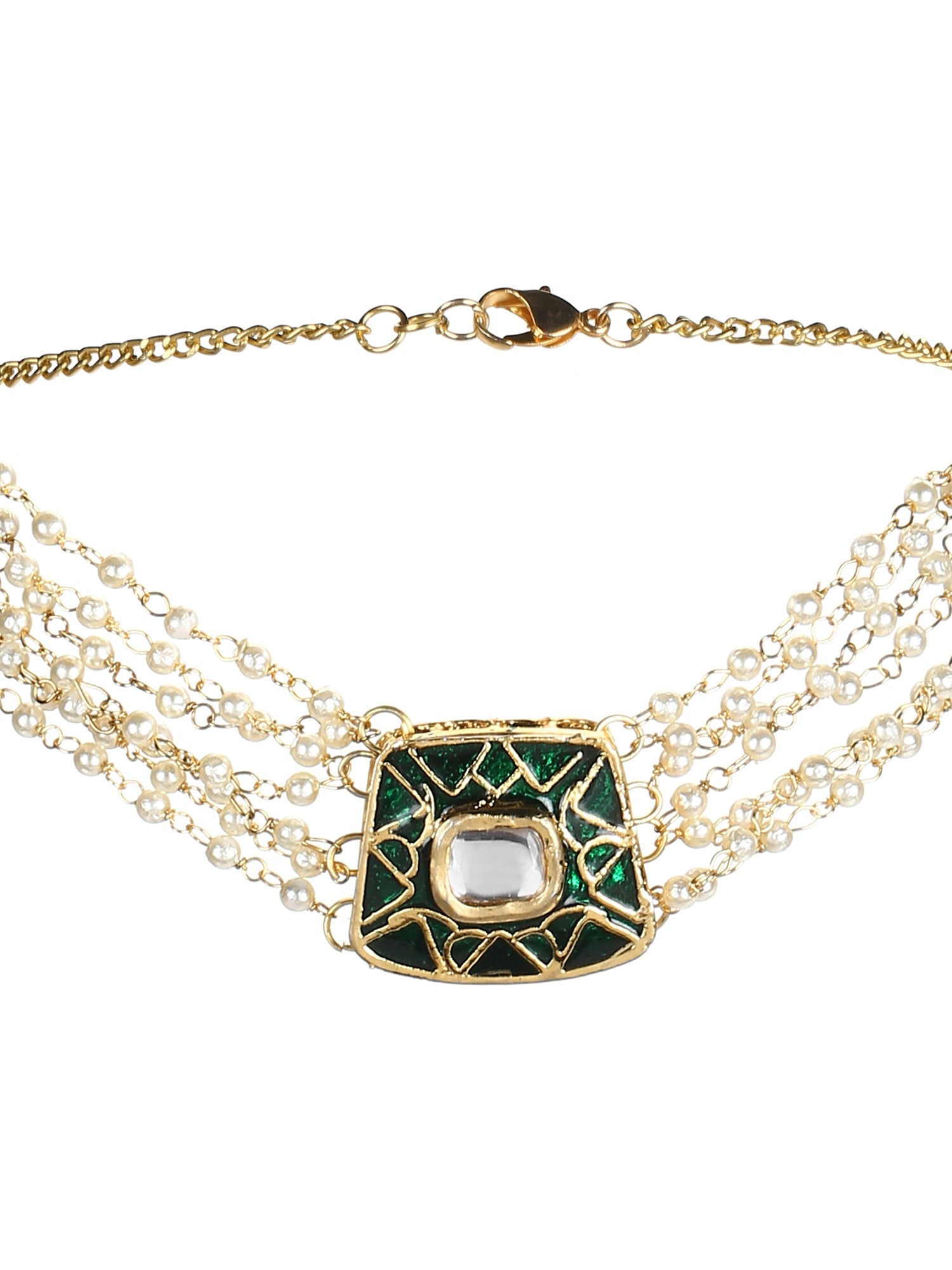Gold-Plated White Green Brass Kundan Pearls Choker Necklace - Ruby Raang - Distacart