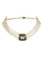 Thumbnail for Gold-Plated White Green Brass Kundan Pearls Choker Necklace - Ruby Raang - Distacart
