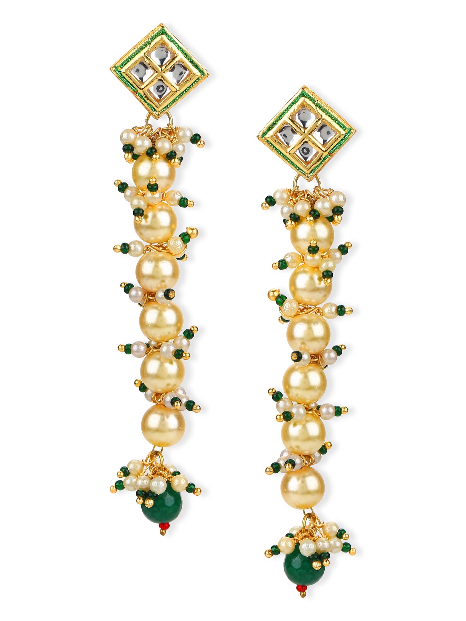 Cream-Coloured Green Gold Plated Kundan Studded Contemporary Drop Earrings - Ruby Raang - Distacart
