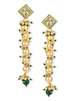Thumbnail for Cream-Coloured Green Gold Plated Kundan Studded Contemporary Drop Earrings - Ruby Raang - Distacart