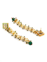Thumbnail for Cream-Coloured Green Gold Plated Kundan Studded Contemporary Drop Earrings - Ruby Raang - Distacart