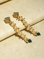 Thumbnail for Cream-Coloured Green Gold Plated Kundan Studded Contemporary Drop Earrings - Ruby Raang - Distacart