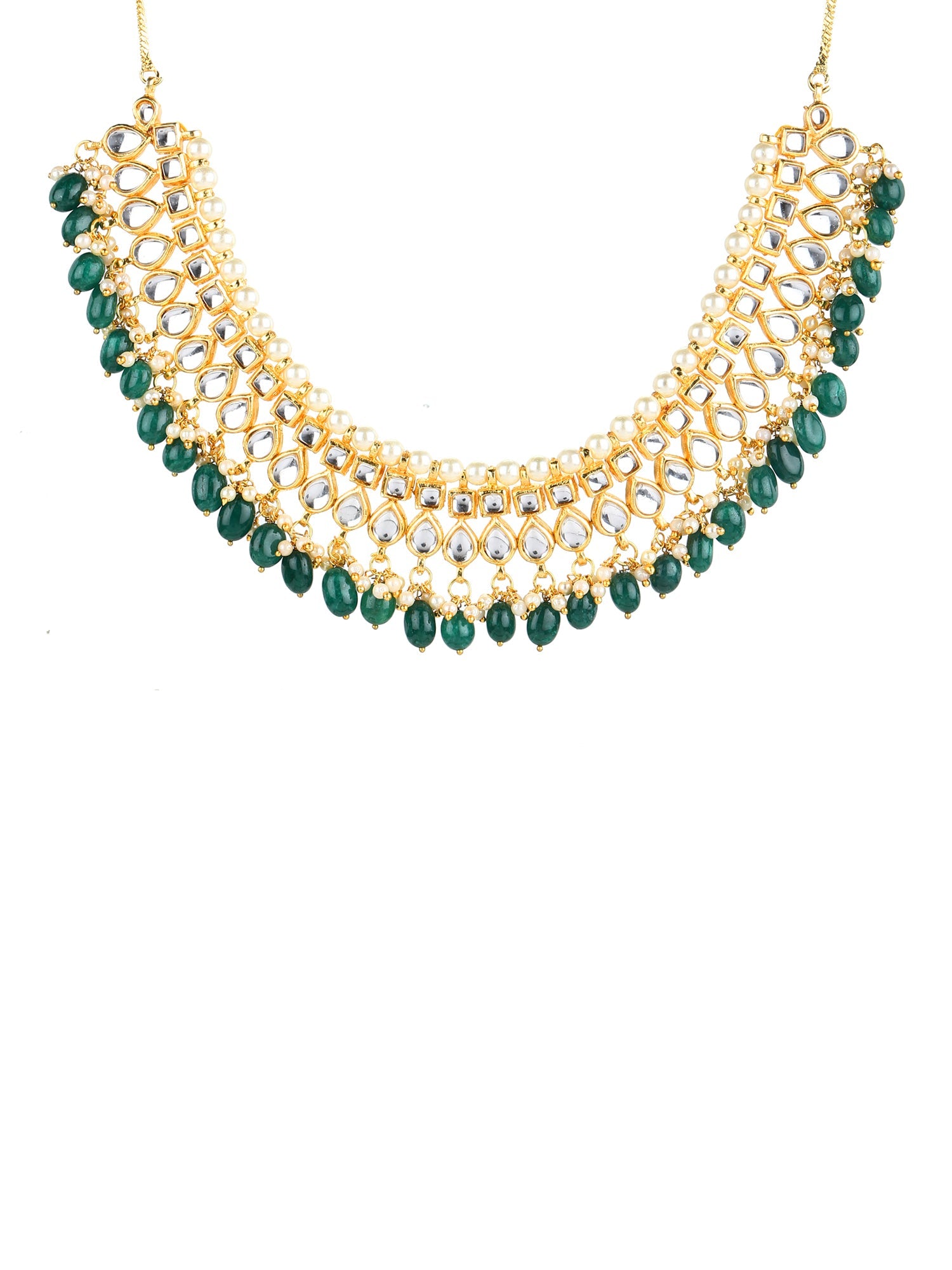 Gold-Plated Green Kundan Studded Brass Necklace - Ruby Raang - Distacart