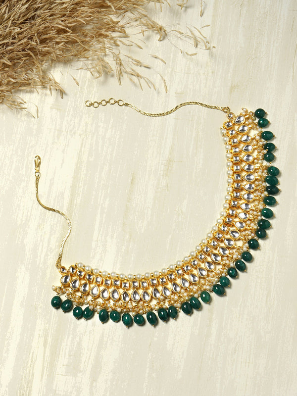 Gold-Plated Green Kundan Studded Brass Necklace - Ruby Raang - Distacart