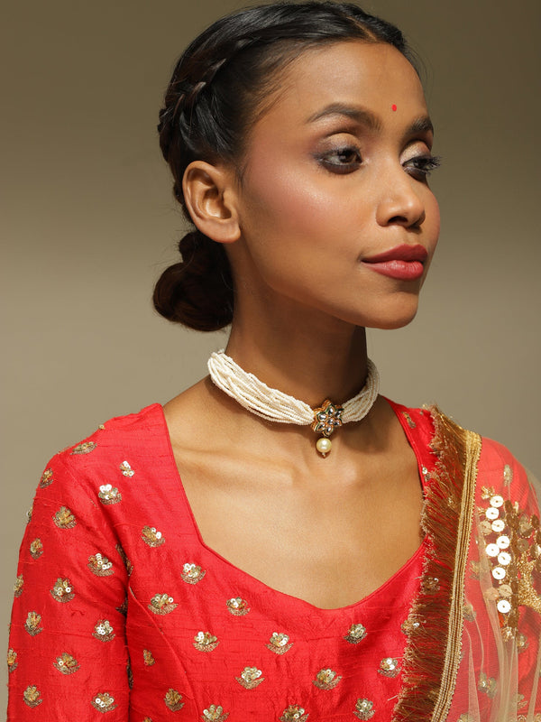 Gold-Plated White Green Brass Kundan Pearls Choker Necklace - Ruby Raang - Distacart