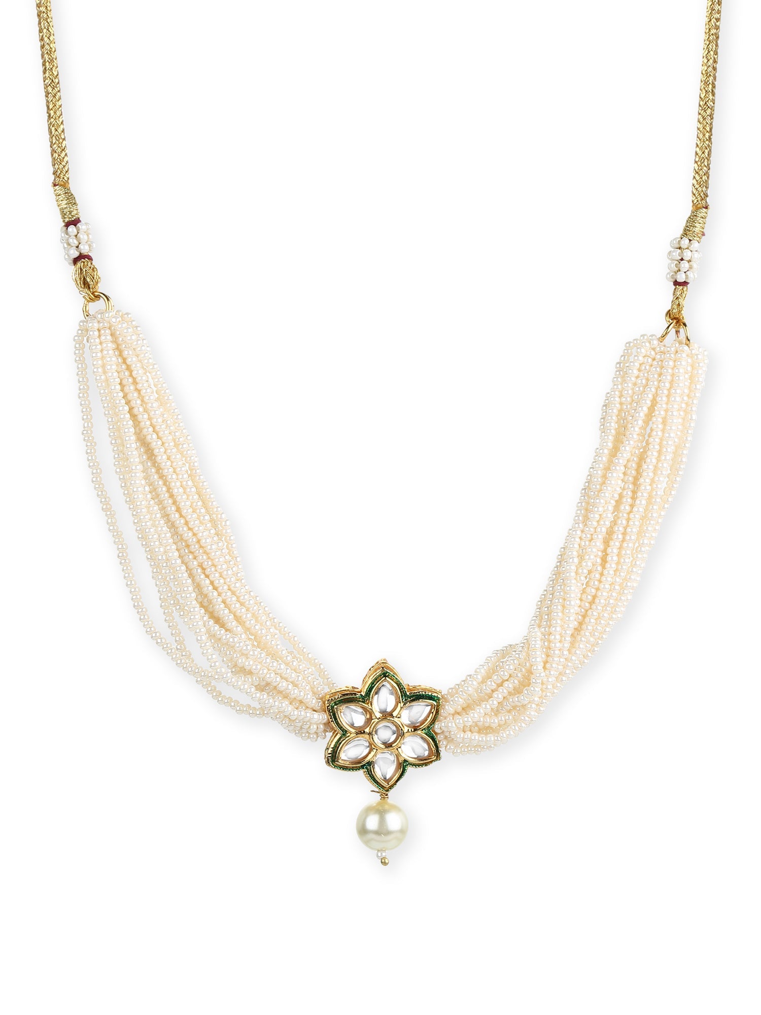 Gold-Plated White Green Brass Kundan Pearls Choker Necklace - Ruby Raang - Distacart