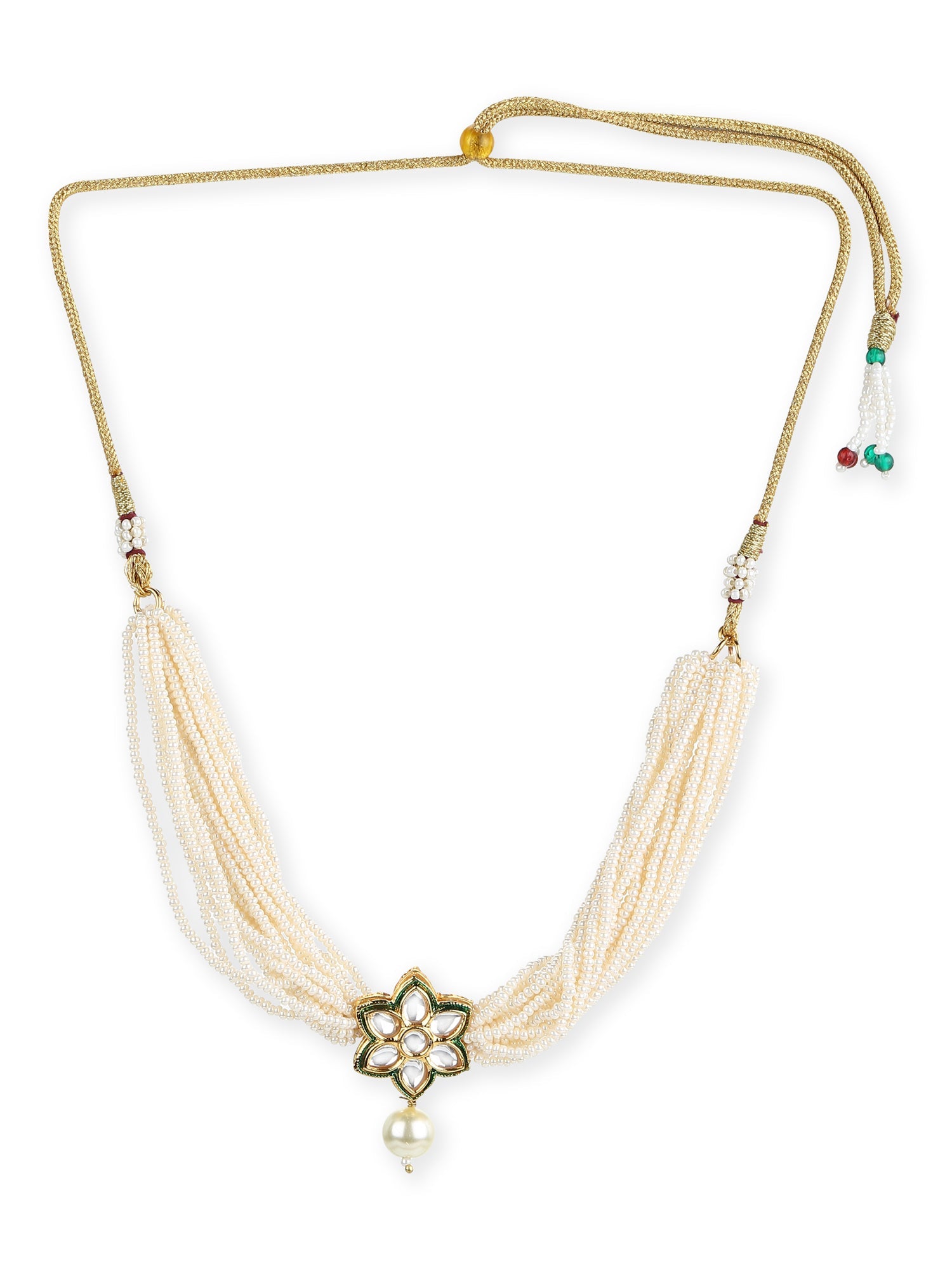 Gold-Plated White Green Brass Kundan Pearls Choker Necklace - Ruby Raang - Distacart