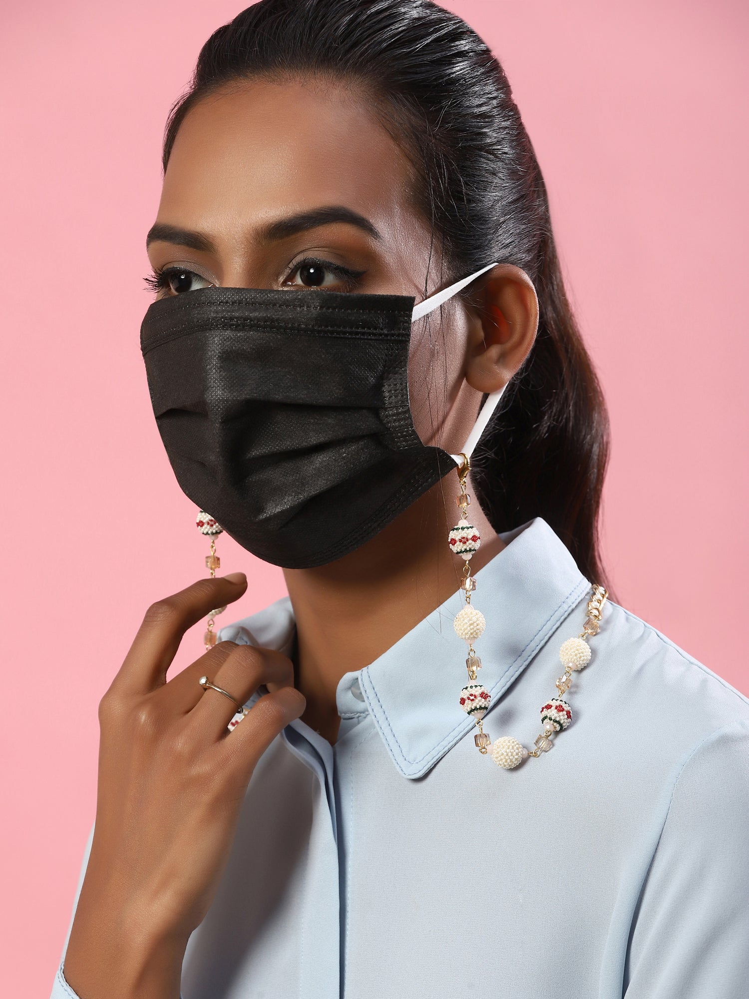 White Gold Toned Embellished Mask Chain - Ruby Raang - Distacart