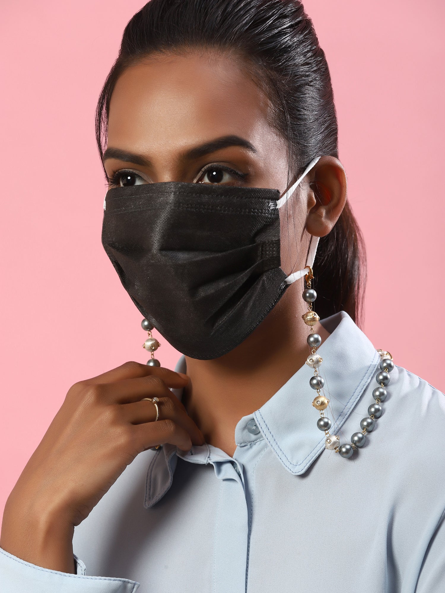 Gold-Toned Grey Beaded Mask Chain - Ruby Raang - Distacart