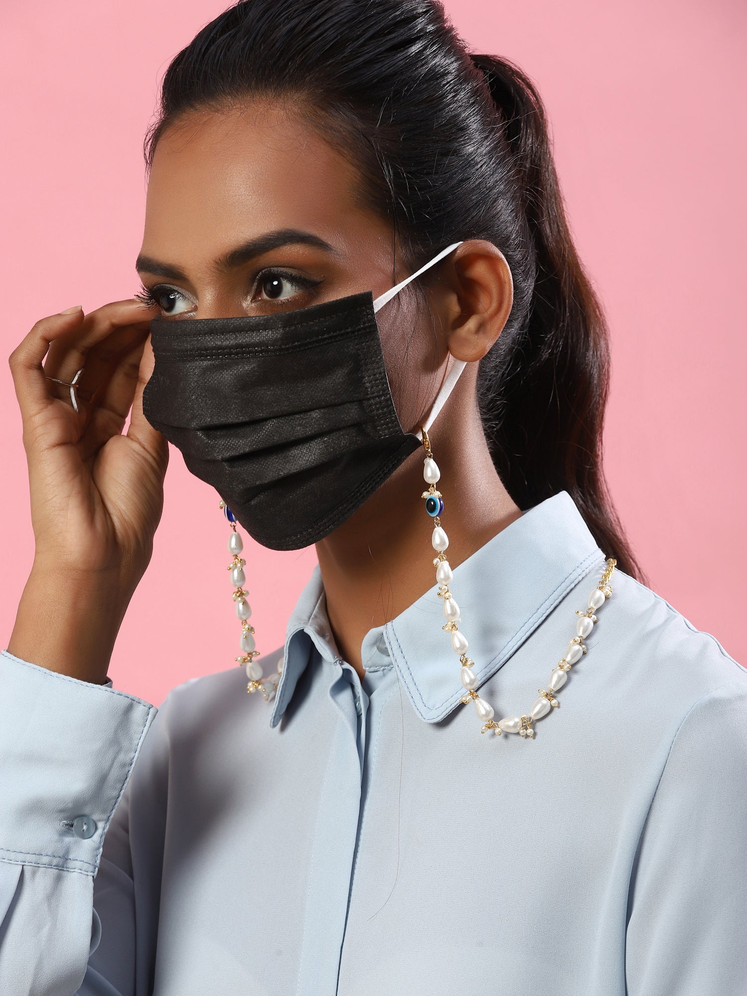 White Gold-Toned Embellished Mask Chain - Ruby Raang - Distacart