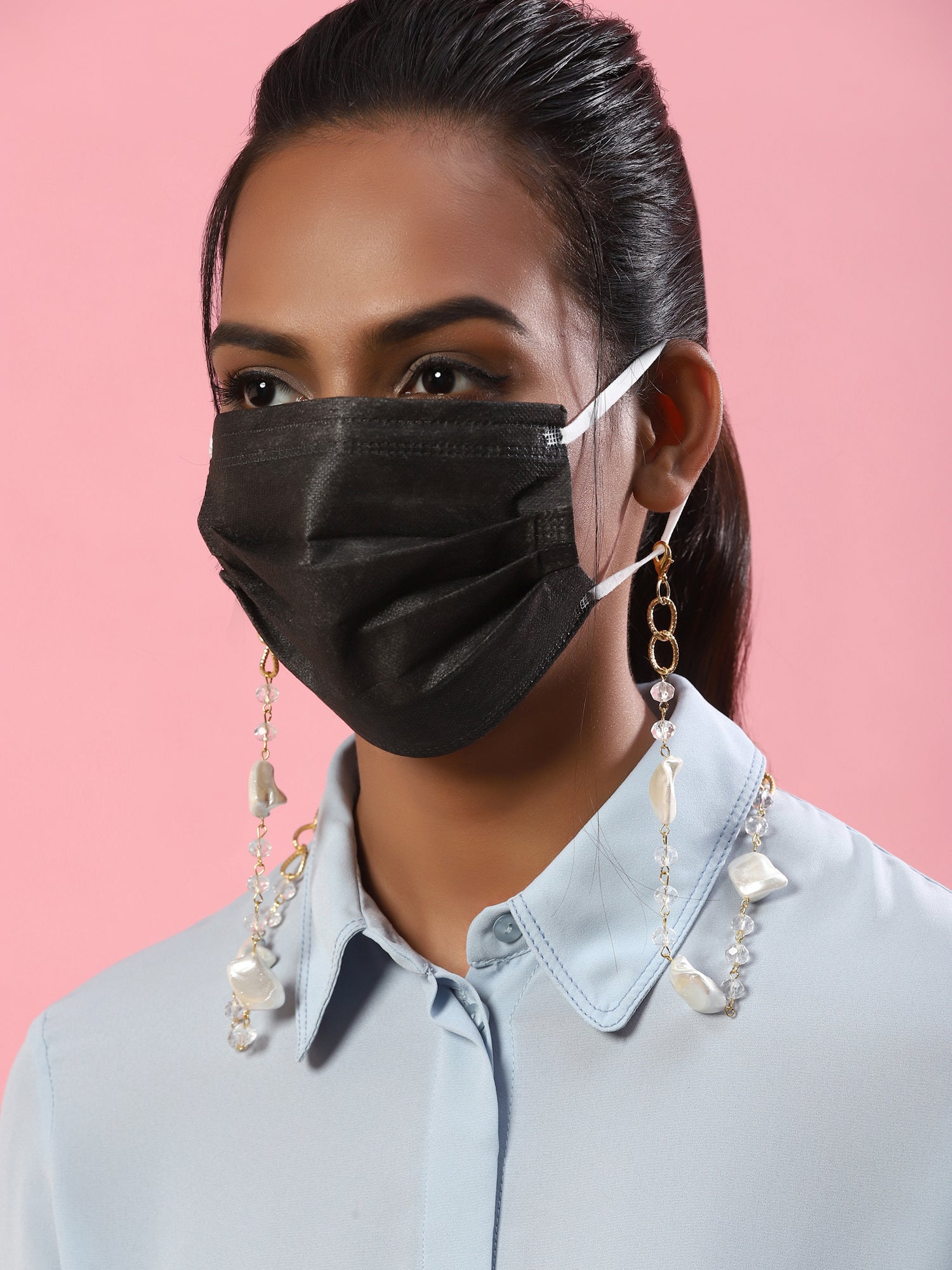Gold Toned Embellished Mask Chain - Ruby Raang - Distacart