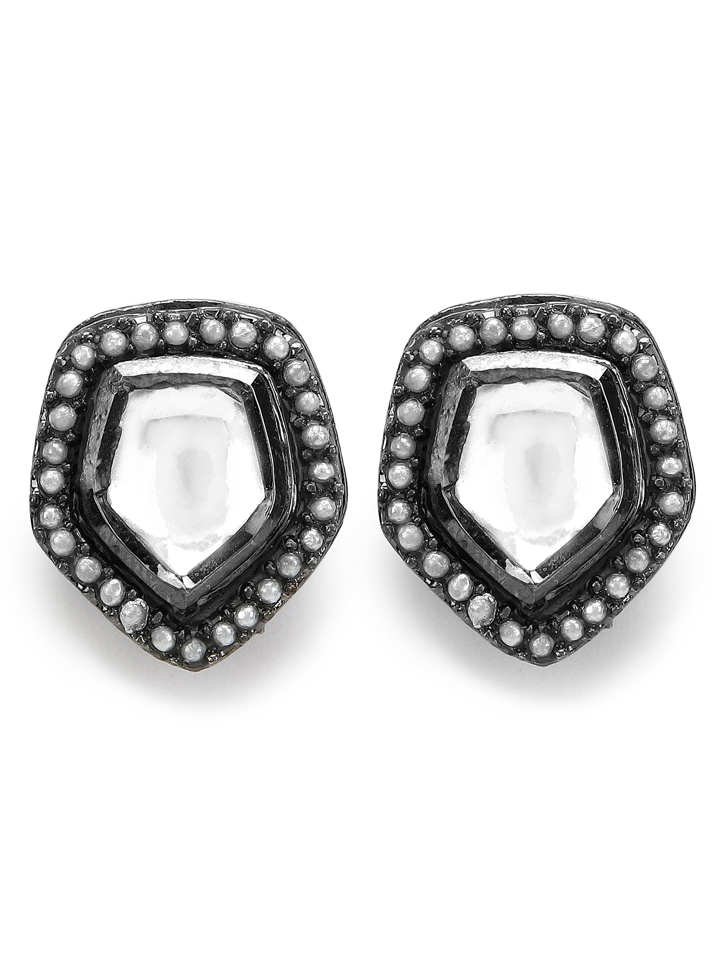 Silver-Plated Geometric Kundan Studs Earrings - Ruby Raang - Distacart
