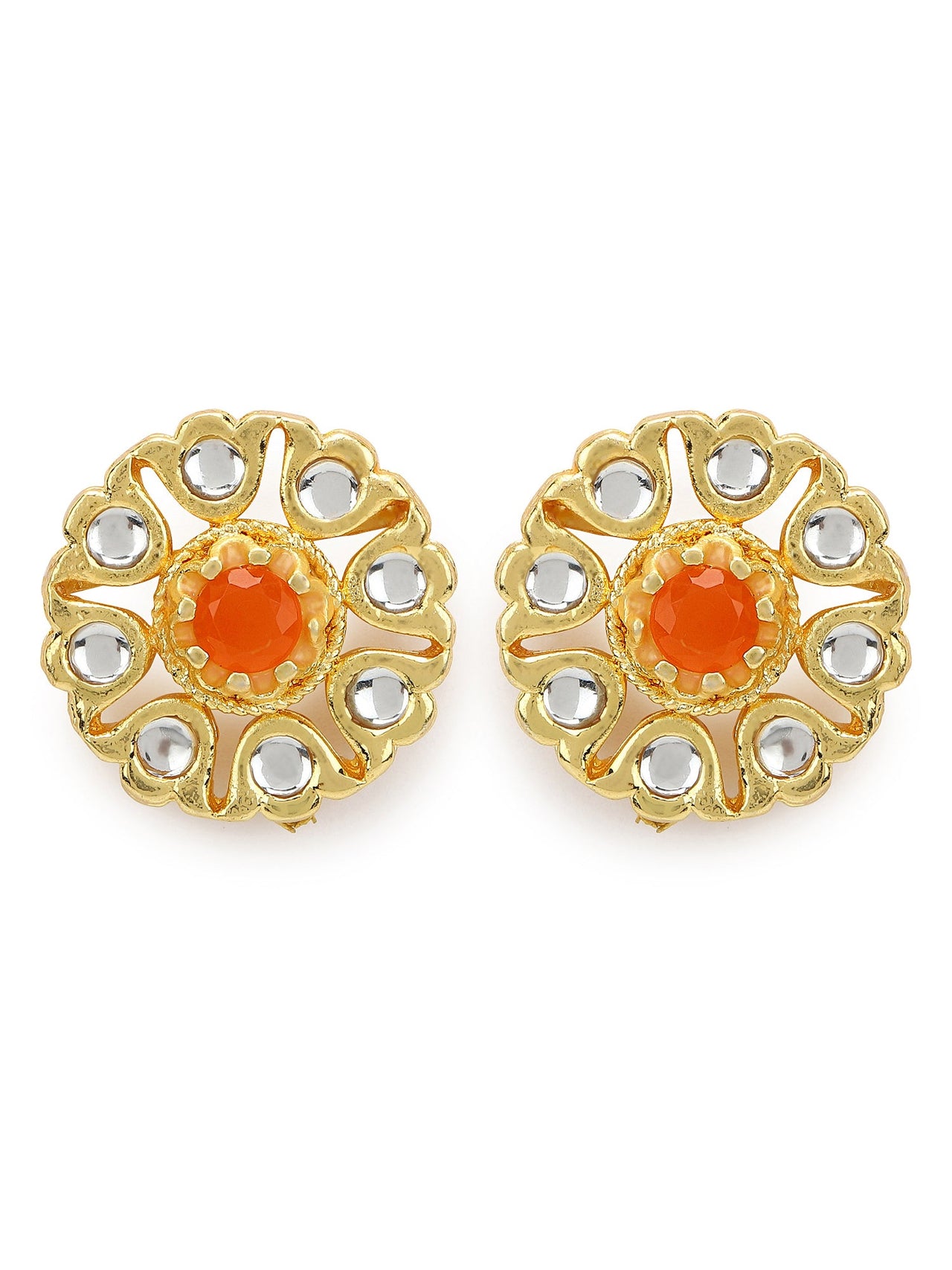 Gold-Plated Floral Shaped Kundan Studded Studs Earrings - Ruby Raang - Distacart