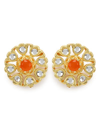 Thumbnail for Gold-Plated Floral Shaped Kundan Studded Studs Earrings - Ruby Raang - Distacart