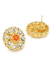 Thumbnail for Gold-Plated Floral Shaped Kundan Studded Studs Earrings - Ruby Raang - Distacart