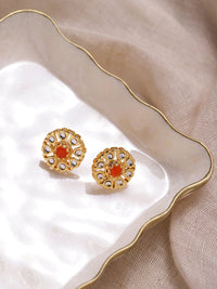 Thumbnail for Gold-Plated Floral Shaped Kundan Studded Studs Earrings - Ruby Raang - Distacart