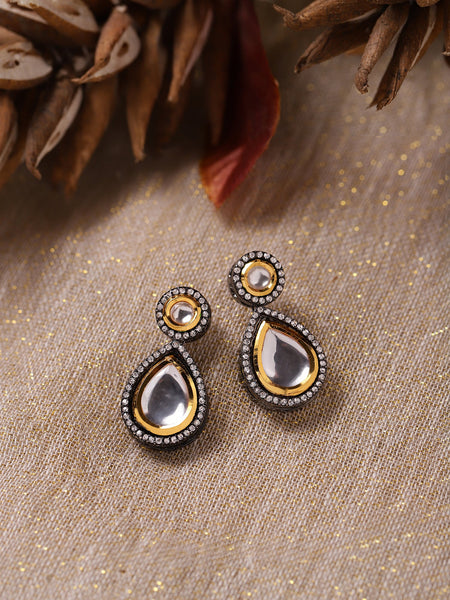 Silver-Plated Teardrop Shape Kundan Studded Drop Earrings - Ruby Raang - Distacart