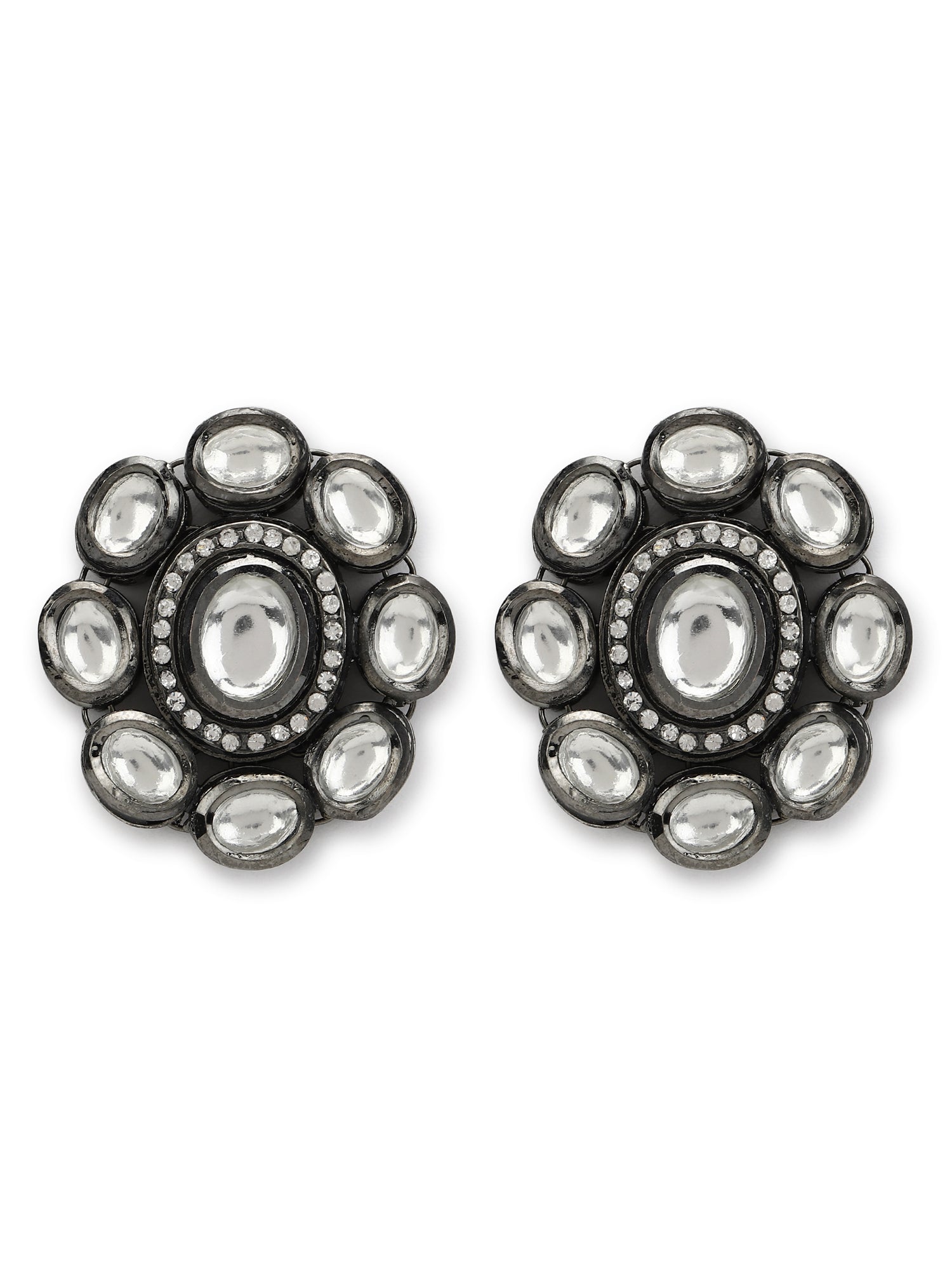 Black Silver-Plated Circular Kundan Studs Earrings - Ruby Raang - Distacart